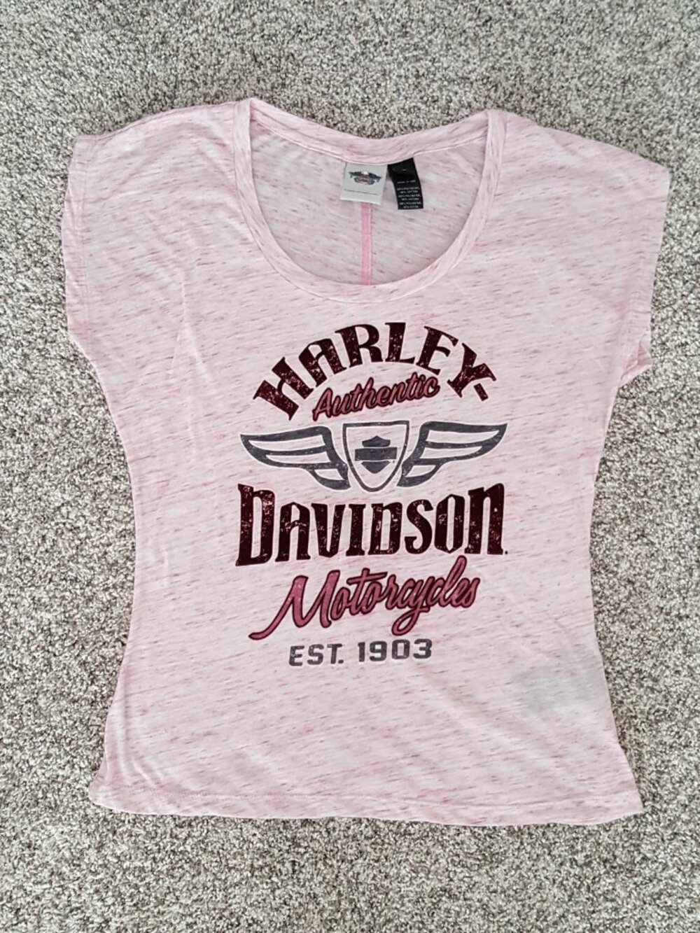 New Cond. Harley-Davidson Pink Short Sleeve T-Shirt Space Dye Flocked Graphic